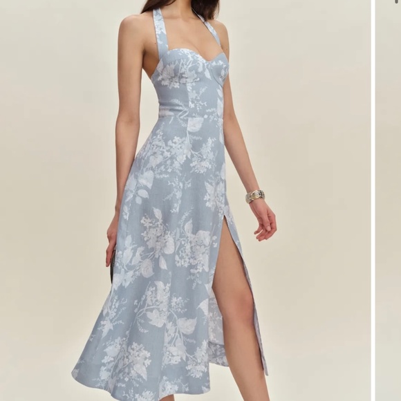 Reformation Tala Linen Dress Blue - Size 8
